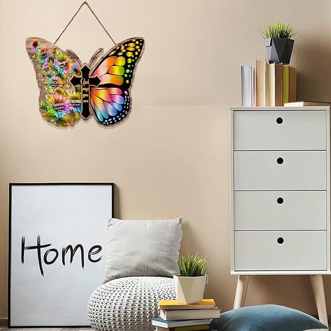 RSLEE Butterfly Room Decor Cross Wooden Sign Wall Decor Scripture Plaque Quote Hanging Wall Sign Rustic Farmhouse Wall Art for Living Room, Tan, 9inchx12inch