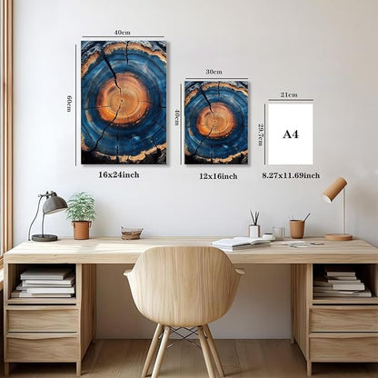 IBHJSART Framed Tree Ring Canvas Wall Art Blue Wall Art Wood Stump Painting Prints Modern Minimalist Pictures Neutral Nature Rustic Farmhouse Decor Living Room Bedroom Bathroom Office