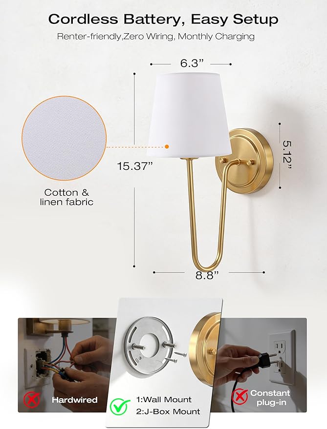 CLOUDY BAY 10000mAh Battery Operated Wall Sconces,Up to 100 Hours with Rechargeable RGB Dimmable Magnetic Bulb,Cordless Wall Lighting Fixtures with Remote for Bedroom,Soft Gold,2 Pack-15.4in