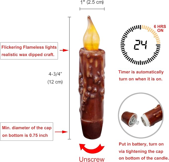 CVHOMEDECO. Real Wax Hand Dipped Battery Operated LED Timer Taper Candles Country Primitive Flameless Lights Décor, 4-3/4 Inch, Coffee, 3 PCS in a Package