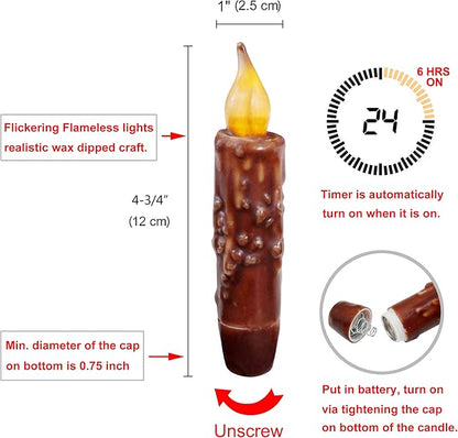 CVHOMEDECO. Real Wax Hand Dipped Battery Operated LED Timer Taper Candles Rustic Primitive Flameless Lights Décor, 4-3/4 Inch, Coffee, 6 PCS in a Package
