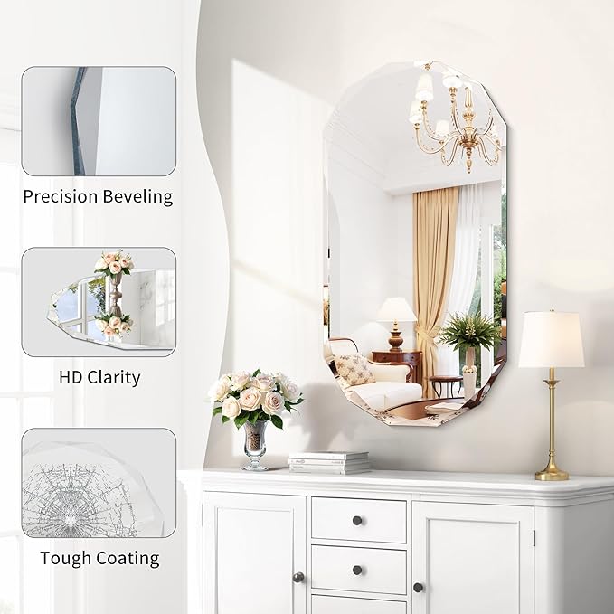 GLASHOM Beveled Edge Frameless Bathroom Mirror, Oval Wall Mirror for Over Sink, 18" x 36" Modern Decorative Vanity Mirror for Bedroom, Living Room, Entryway, Hanging Mirror Horizontal or Vertical