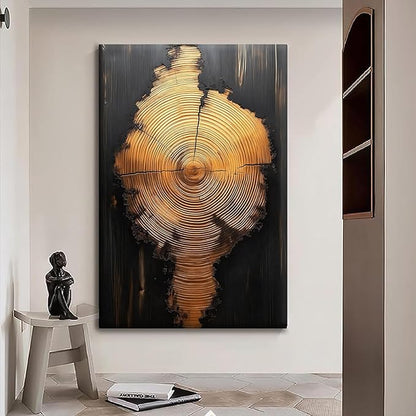 IBHJSART Framed Tree Ring Canvas Wall Art Black And Gold Wall Art Prints Modern Minimalist Pictures Neutral Nature Rustic Farmhouse Decor Living Room Bedroom Bathroom Office.