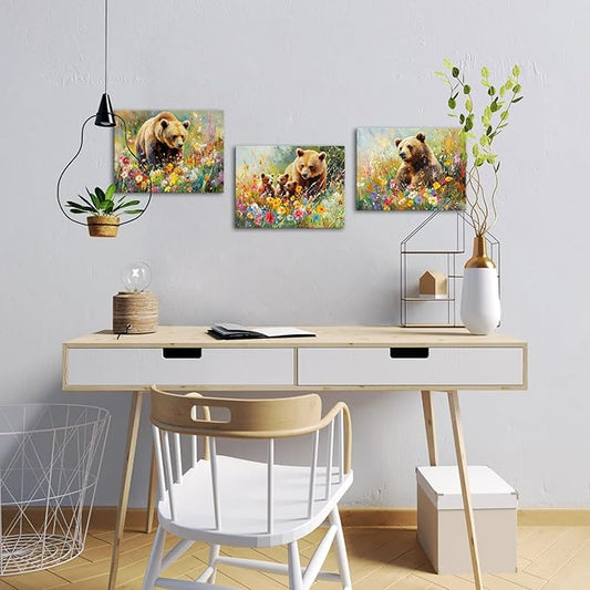 sechars Bear Wall Art Canvas Bears in Wildflower Meadow Picture Print Wildlife Paintings Farmhouse Kitchen Decor