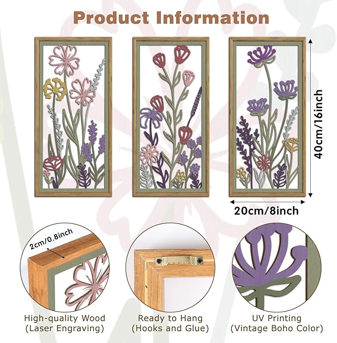 KAIRNE Neutral Floral Wooden Wall Art Set of 3,Framed Vintage Botanical Flower Decor,Minimalist Wildflower Wood Hanging Decor,Modern Farmhouse Decoration for Living Room Bedroom Office Kitchen,8X16 inch