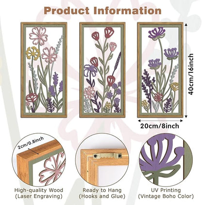 KAIRNE Neutral Floral Wooden Wall Art Set of 3,Framed Vintage Botanical Flower Decor,Minimalist Wildflower Wood Hanging Decor,Modern Farmhouse Decoration for Living Room Bedroom Office Kitchen,8X16 inch