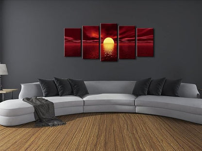 Wieco Art Red Sun Large Modern 5 Panels Seascape Sea Giclee Paintings Canvas Prints Wall Art Gallery Wrapped Pretty Ocean Sunset Pictures Artwork for Kitchen Bathroom Home Office Decoration