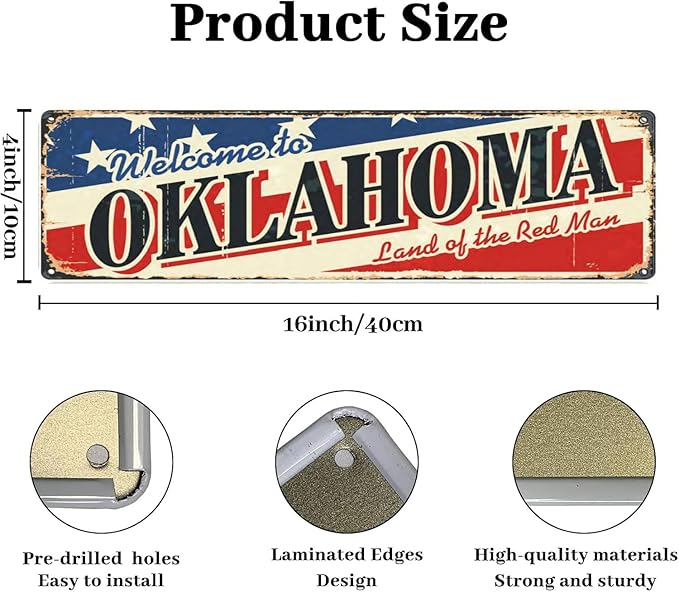 Welcome to US City Metal Wall Decor OKLAHOMA Metal Tin Sign Decorative Plaque Farmhouse Country Home Decor 4" X 16"