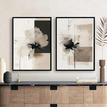 Tocliky Modern Abstract Floral Wall Art Minimalist Neutral Canvas Painting Decor Beige Cream And Black Wall Art Contemporary Flower Picture Prints for Living Room Bedroom 24x36 Inch Unframed Set of 2