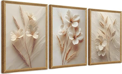 FYLDPSB 3Pcs Framed Neutral Beige Floral Canvas Wall art, Modern Simple Texture Plant Painting Wall Decor, Vintage Flower Poster Prints for Living Room Bedroom Farmhouse Ready to Hang 16''L x 12''W