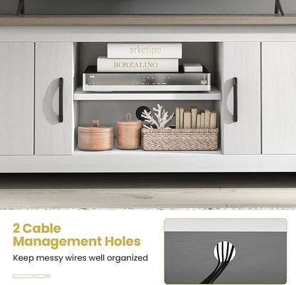 Tangkula 2 Doors TV Stand for TVs up to 65”, 57” Media Console Table w/ 2 Cabinets & Open Shelves, 2 Cable Management Holes. Wood Entertainment Center Cabinet for Living Room (White Oak)