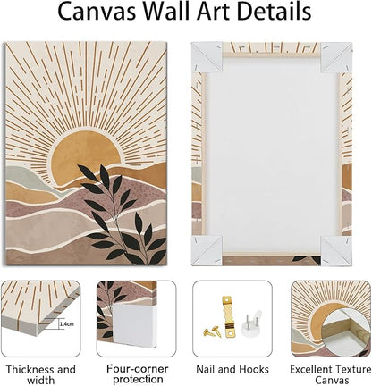 WENGTIAO 3Pcs Boho Orange Desert Canvas Wall Art Colorful Geometric Line Leaf Sun Prints Pictures Paintings Abstract Mid Century Nature Plant Artwork for Living Room Bedroom Office Bathroom 16x24x3