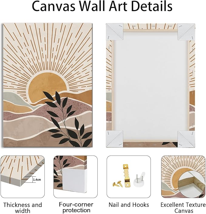 WENGTIAO 3Pcs Boho Orange Desert Canvas Wall Art Colorful Geometric Line Leaf Sun Prints Pictures Paintings Abstract Mid Century Nature Plant Artwork for Living Room Bedroom Office Bathroom 12x16x3