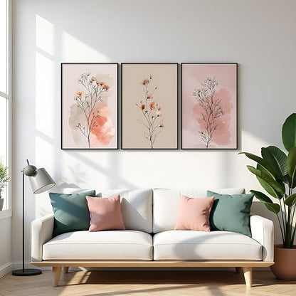 okudolit Boho Vintage Flower Wall Art Set of 3 Minimalist Floral Botanical Prints Rustic Wildflower Wall Decor Beige and Pink Neutral Plant Painting for Living Room Bedroom Office-16x24in