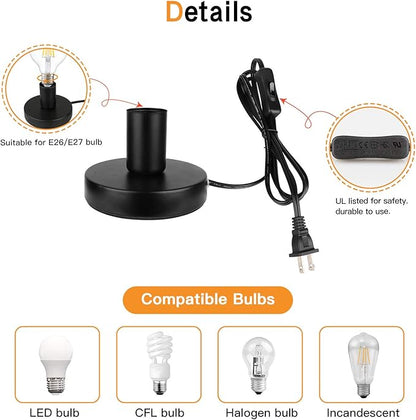 Helunsi Industrial Table Lamp Base, E26 E27 Lamp Base Without Shade, Mini Short Desk Lamp Exposed Bulb Base, Simple Metal Edison Light Bulb Stand, with 5.8ft Cord Switch Plug Bulb Base Holder (Black)