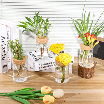 Separated Desktop Glass Flower Vases with Wooden Saucers - Ideal Plants Propagation Stations for Living Room, Bedroom Decoration,Home Decor (9)