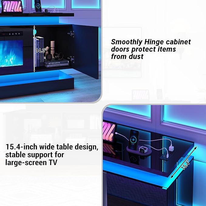 chartustriable 81IN LED TV Stands w/50 inch Fireplace Power Outlet for 90/85/80/75 Inch TVs,High Glossy Modern TV Media Console Gaming with 2 Storage Cabinets,Dual LED Lights,Black