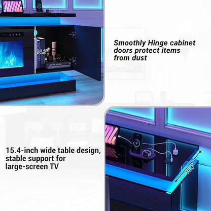 chartustriable 81IN LED TV Stands w/50 inch Fireplace Power Outlet for 90/85/80/75 Inch TVs,High Glossy Modern TV Media Console Gaming with 2 Storage Cabinets,Dual LED Lights,Black