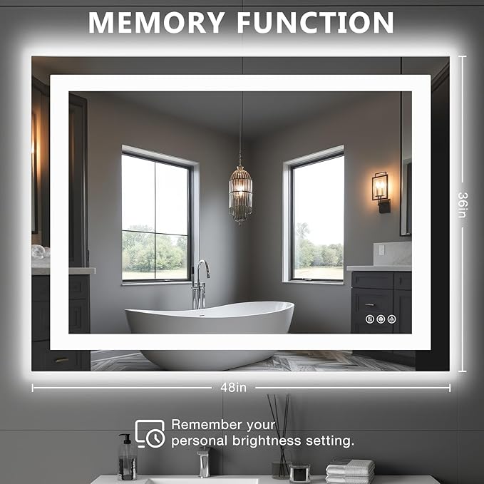 DUMOS 36.1"x48.1" LED Bathroom Mirror, Smart Anti-Fog Bathroom Vanity Mirror with Front Light & Backlit, 3 Color Temperatures, Dimmable, Memory Function