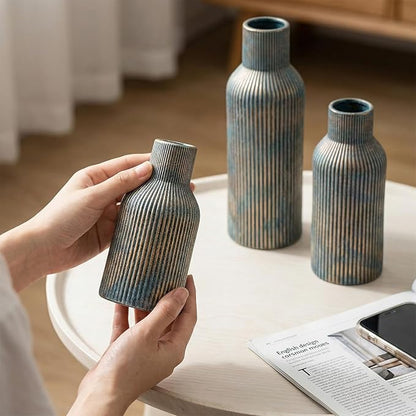 Vintage Blue Ceramic Flower Vases Set of 3, Modern Matte Vertical Ribbed, Nordic Minimalist Decor for Pampas Dried & Fresh Flowers, Centerpiece for Living Room, Shelf, Entryway, Wedding