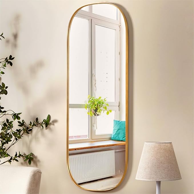Wall Mirror Decorative Metal Gold Wall-Mounted Mirrors, 47"x18" Oval Tall Mirror for Wall, Full Length Mirrors, Large Bathroom Vanity Mirror Iron Brushed Gold Frame