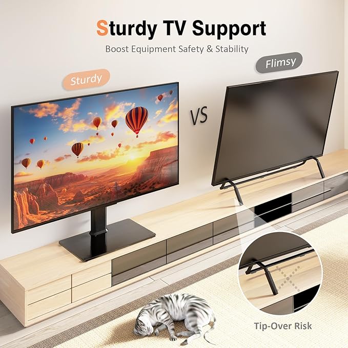 Universal Swivel TV Stand/Base Table Top TV Stand for 13 to 32 inch TVs with 100 Degree Swivel, 4 Level Height Adjustable, Heavy Duty Tempered Glass Base, Holds up to 77lbs, HT07B-001