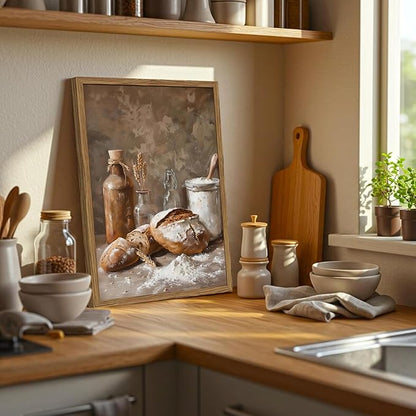 Framed Vintage Kitchen Wall Art, Rustic Bread and Flour Pictures Wall Decor Paintings, Farmhouse Food Poster Canvas Prints Country Home Decor for Dining Room Living Room Bakery 12x16 inch