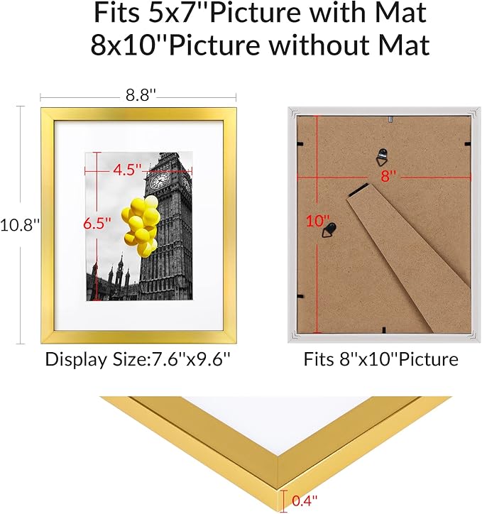 8X10 Modern Gold Picture Frame, 6 Pack Photo Frames for Gallery Wall, Display Pictures 5x7 with Mat or 8x10 Without Mat for Tabletop Display and Wall Mounting