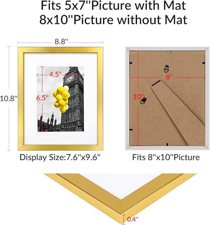 8X10 Modern Gold Picture Frame, 6 Pack Photo Frames for Gallery Wall, Display Pictures 5x7 with Mat or 8x10 Without Mat for Tabletop Display and Wall Mounting