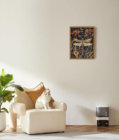 Framed Vintage 3D Textured Wall Art Dark Green Dragonfly Flowers Wall Decor Hand Drawn Sandstone Nature Botanical Paintings Pictures for Living Room Bedroom 16x24 inch