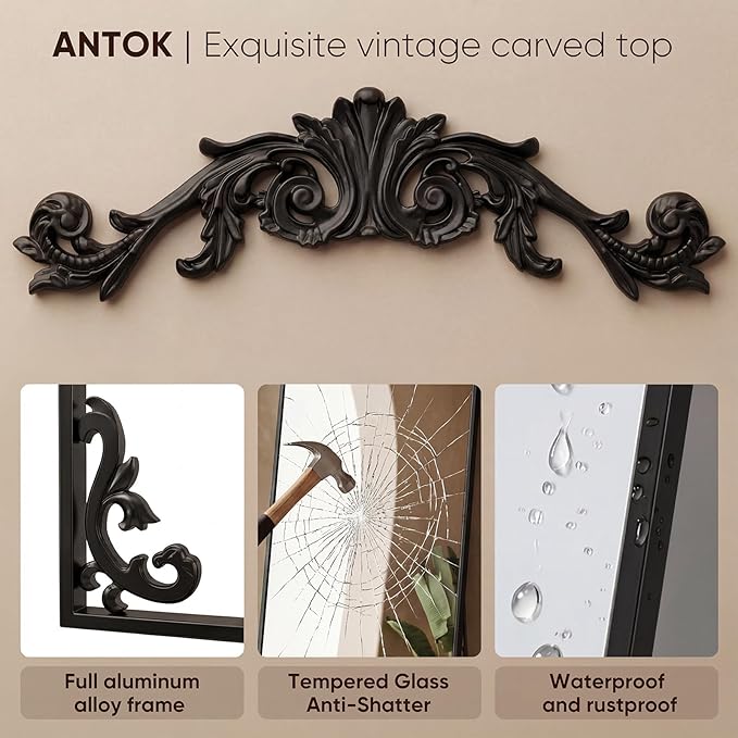 Antok Arched Full Length Mirror, 71"x32" Floor Mirror with Carved, Full Body Mirrors for HomeDecor, Standing/Halling Large Wall Mirror for Bedroom, Living Room, Cloakroom, Black, Luxury Style