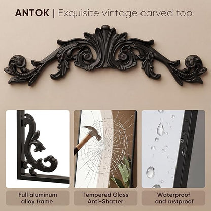 Antok Arched Full Length Mirror, 71"x32" Floor Mirror with Carved, Full Body Mirrors for HomeDecor, Standing/Halling Large Wall Mirror for Bedroom, Living Room, Cloakroom, Black, Luxury Style