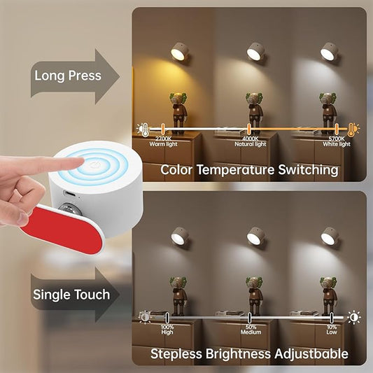 Deyagoo 2PACK Romote LED Wall Sconce - Rechargeable Wall Light, 3 Colors & 3 Brightness Levels, 360? Magnetic Rotating Head, Bedside Reading Lamp, Easy Install Battery Operated Lamp White