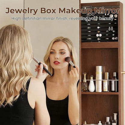 69" H×20" W Solid Wood Mirror Jewelry Cabinet,360°Swivel Jewelry Organizer,Jewelry Armoire Cabinet Standing,Full Length Mirror with Storage&Coat Rack,Walnut