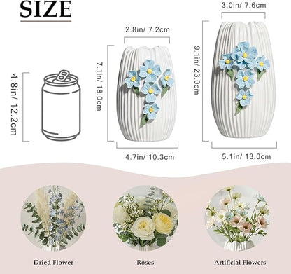 White Ceramic Vase - 7 inch Small Boho Vases Home Decor, 3D Floral Modern Vase for Pampas Grass, Centerpieces for Table, Kitchen, Living Room, Bathroom Decor