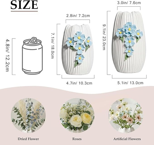 White Ceramic Vase - 7 inch Small Boho Vases Home Decor, 3D Floral Modern Vase for Pampas Grass, Centerpieces for Table, Kitchen, Living Room, Bathroom Decor