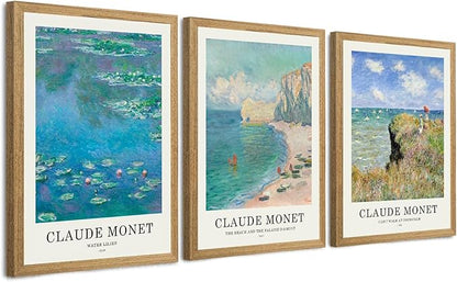 JLTULT 3 Piece Framed Vintage Claude Monet Canvas Wall Art, Impressionism Landscape Wall Decor, The Cliff Walk at Pourville Water Lilies Prints for Living Room Bedroom Office 16x24 in Easy to Hang