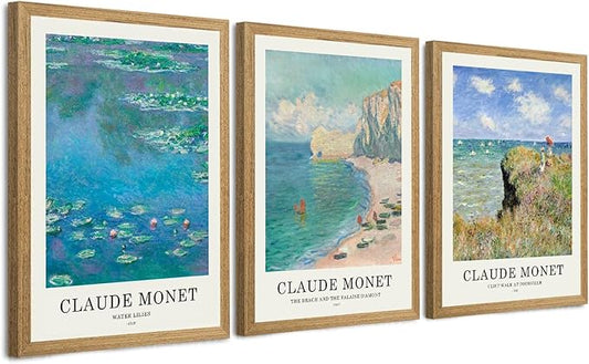 JLTULT 3 Piece Framed Vintage Claude Monet Canvas Wall Art, Impressionism Landscape Wall Decor, The Cliff Walk at Pourville Water Lilies Prints for Living Room Bedroom Office 16x24 in Easy to Hang