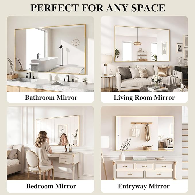 Koonmi Gold Mirrors for Wall, 30x30 Inch Bathroom Mirror, Rectangular Wall Mirror for Living Room Bedroom Bathroom, Hangs Horizontally or Vertically