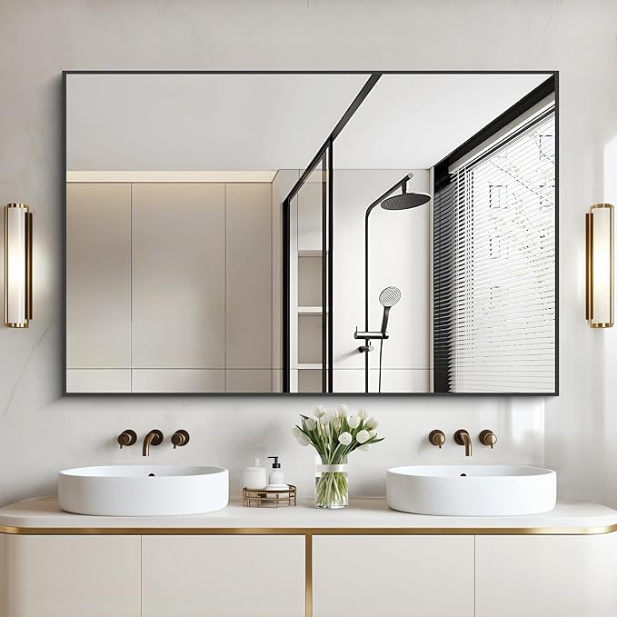 COFENY Bathroom Black Mirror, 36x55in Black Rectangle Mirror with Thin Metal Frame, Large Rectangular Wall Mirror for Bathroom, Living Room, Hair Salon, Big Farmhouse Mirror Hang Horizontal/Vertical