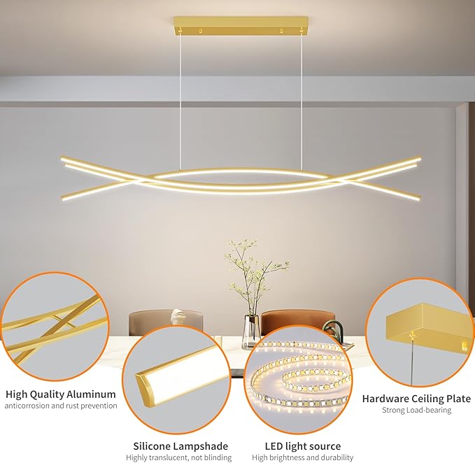 Modern Ceiling Chandelier Light, 47IN Gold Pendant Light Fixtures with Remote Control 3000k-6500K Adjustable Color Temperature, Aluminum Island Lighting Lamp for Dining Room, Living Room, Island