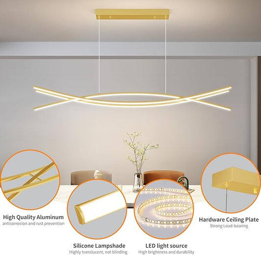 Modern Ceiling Chandelier Light, 47IN Gold Pendant Light Fixtures with Remote Control 3000k-6500K Adjustable Color Temperature, Aluminum Island Lighting Lamp for Dining Room, Living Room, Island
