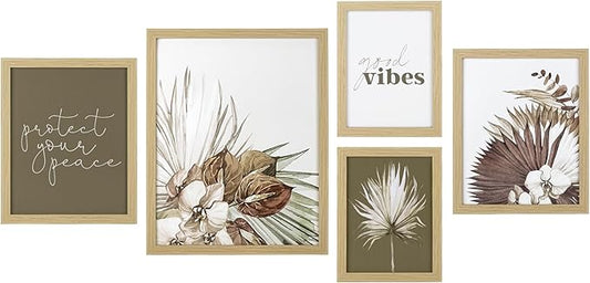 ArtbyHannah Gallery Wall Frame Set, 5 Piece Neutral Picture Frames Collage Set with Art Prints for Stairway Living Room Wall Decor, Multi-Size 11''x14'' 8''x10'' 6''x8''