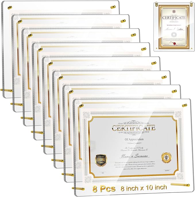 Thyle 8 Pcs Acrylic Photo Frame 8x10'' Clear Floating Picture Frame Frameless Photo Display Memories Photography Poster Frames Tabletop or Hanging Wall Mount for Family Wedding Wall Art (Gold)
