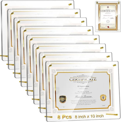 Thyle 8 Pcs Acrylic Photo Frame 8x10'' Clear Floating Picture Frame Frameless Photo Display Memories Photography Poster Frames Tabletop or Hanging Wall Mount for Family Wedding Wall Art (Gold)
