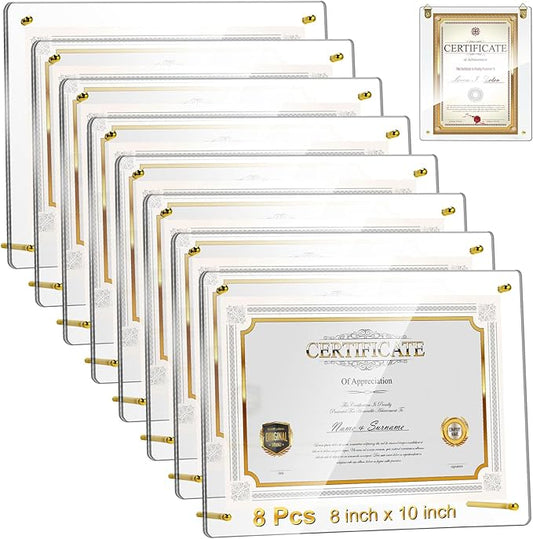 Thyle 8 Pcs Acrylic Photo Frame 8x10'' Clear Floating Picture Frame Frameless Photo Display Memories Photography Poster Frames Tabletop or Hanging Wall Mount for Family Wedding Wall Art (Gold)