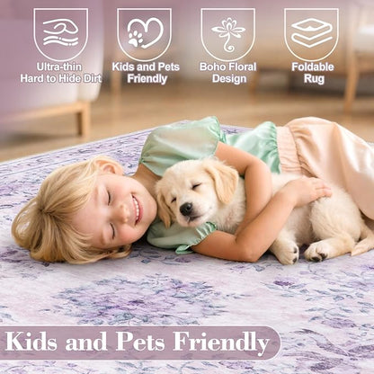 Wonnitar Floral Bow Print Purple Rug, 5x7 Washable Rug for Girls Room Decor, Ultra-Thin Non Slip Soft Boho Carpet for Bedroom Nursery Toddler Kids Room Living Room Women Office