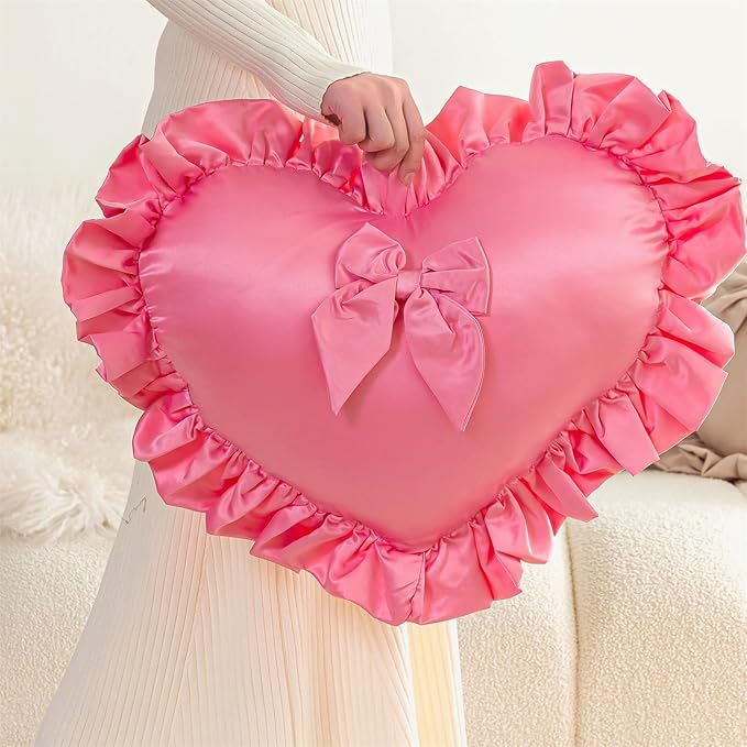 MOJUN Heart Pillow, Heart Shaped Throw Pillow Pink Ruffle Design Love Bow Pillow Home Decorative Pillows Cushion for Sofa Living Room Bed Chair Wedding Gifts Pillows