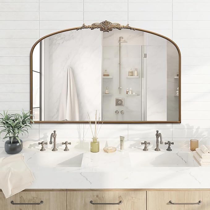 Besdomus Vintage Arched Gold Mirror: 48"x33" French Oversize Gold Antique Vanity Decorative Mirror - Baroque Traditional Ornate for Entryway/Fireplace/Bathroom - Home Decor for Fashion-Conscious