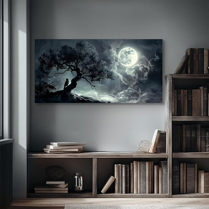 SERIMINO Large Wall Art for Living Room, Dark Landscape Canvas Prints Paintings, Moonlit Night Pictures Wall Decor Aesthetic, Moon and Tree Modern Home Decor Bedroom Bathroom Office Artwork 29"X57"